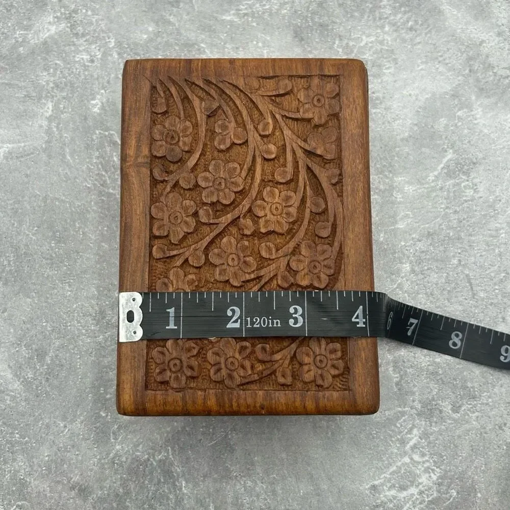 Vintage Hand Carved Wooden Trinket Jewelry Box Engraved Traditional Urns